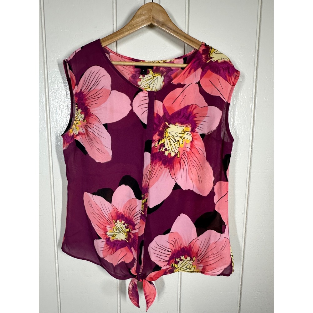 Worthington Blouse Womens L Pink Floral Tie Front Sleeveless Sheer Top